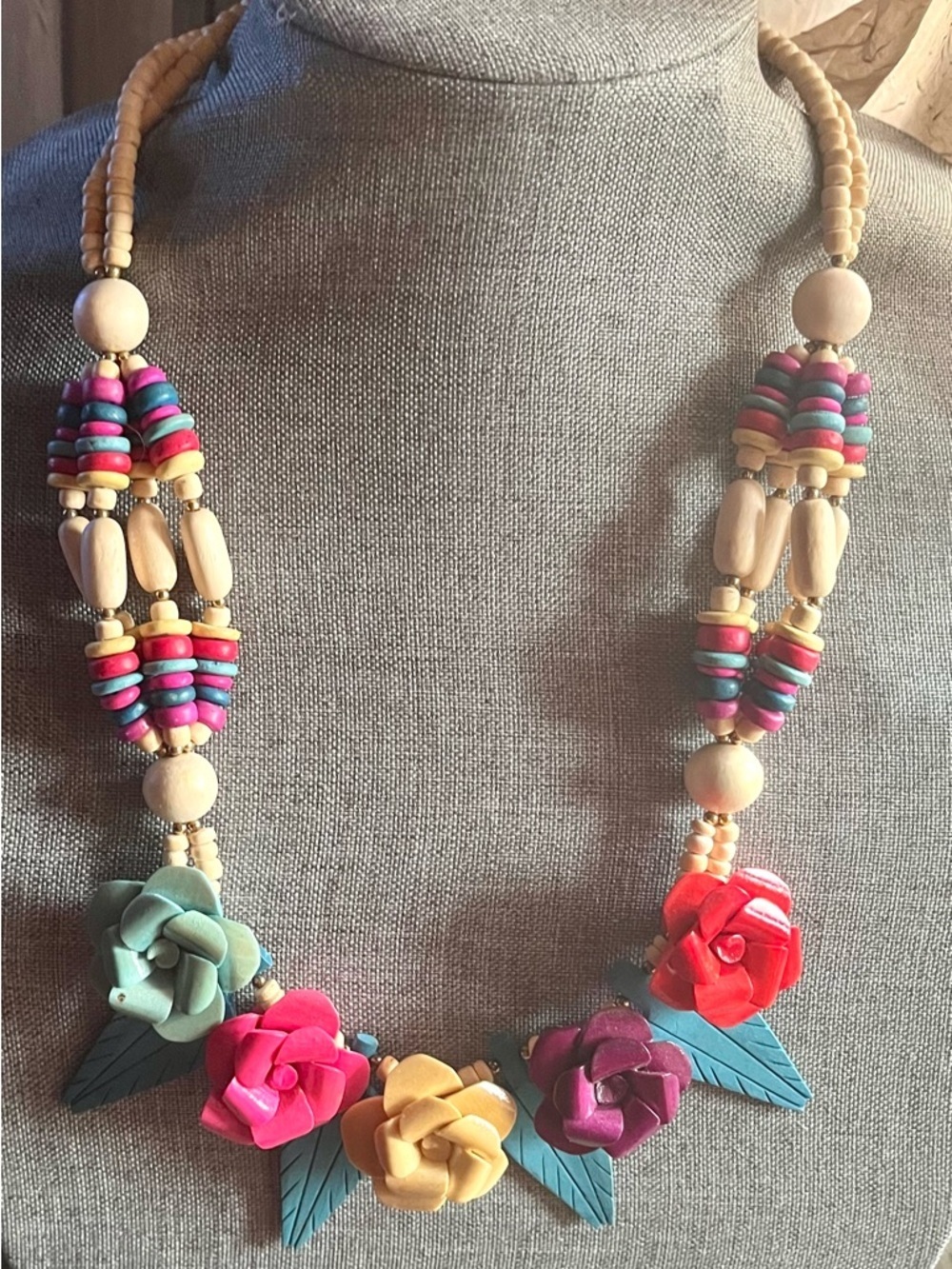 Multicolor Floral Wood Bead Necklace
